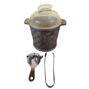 1940's Lined 9"x6.5" Pewter Ice Bucket Glass Lid Utensils Vintage Waffle Design